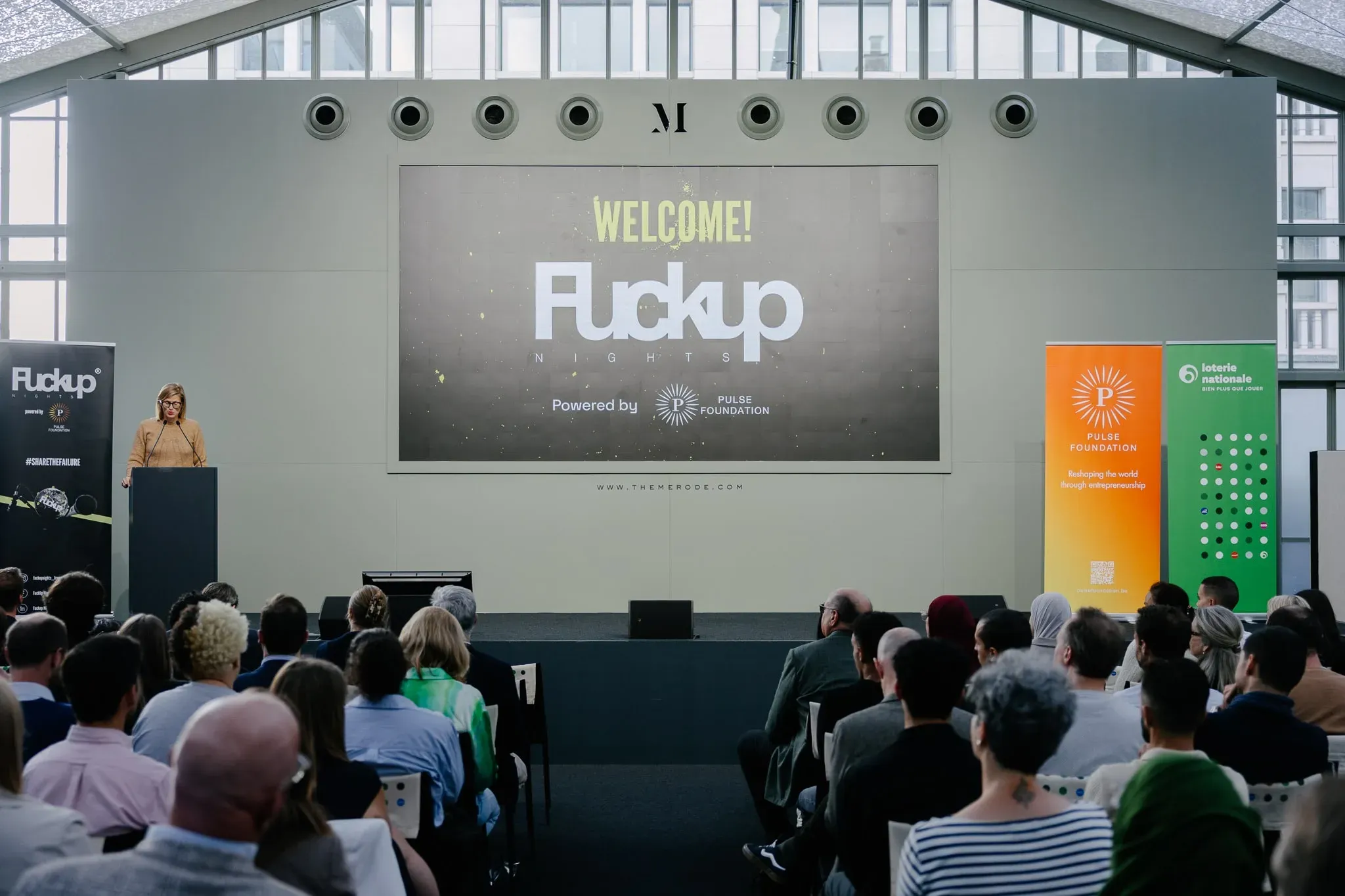 A full room at a FuckUp Nights evening powered by Pulse Foundation